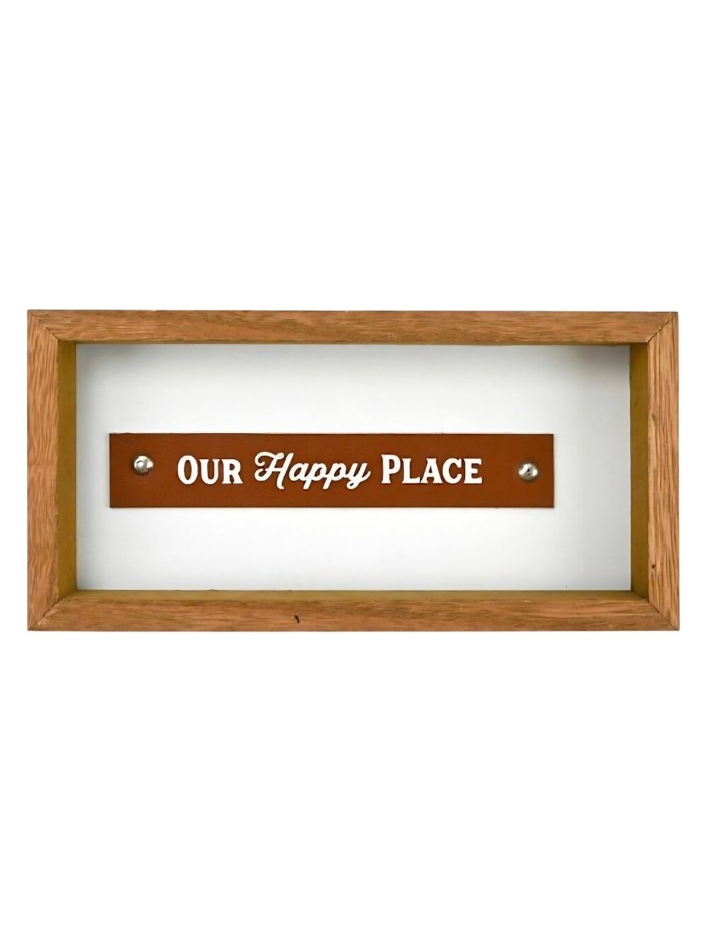 NWT At Home Framed "Our Happy Place" Brown Wood Wall Sign Sz 9.5x4.7"